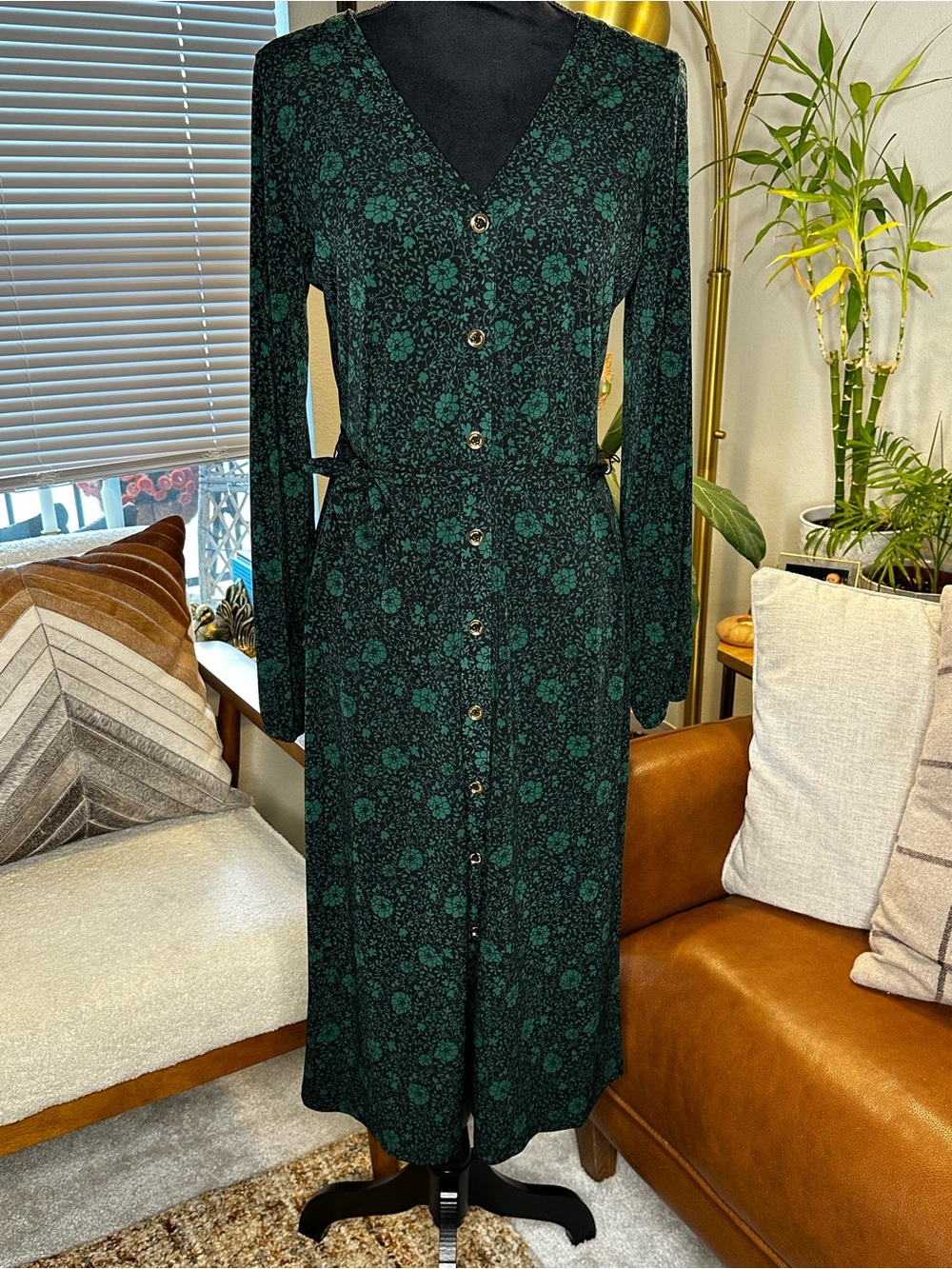 Michael Kors Dark Green Floral Button-Front Long Sleeve Dress